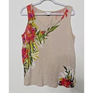 J.Jill Love Linen Top Womens 1X Brown Floral Sleeveless Blouse Tank